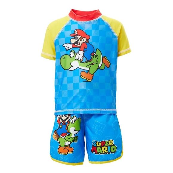 Super Mario Toddler 3T Rashguard 2-piece Swim Tee + Swim Shorts Blue Yellow NWT - Picture 1 of 4